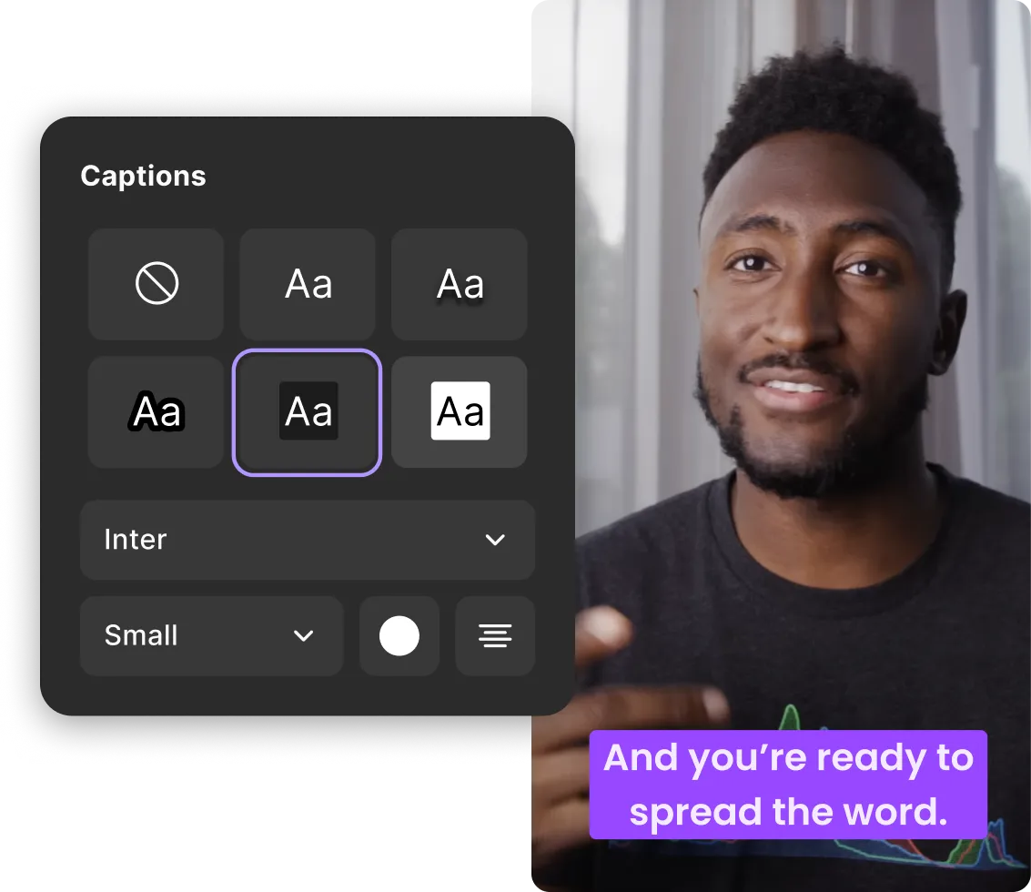 Screenshot of a caption style customization menu next to a smiling man with text caption saying, 'And you’re ready to spread the word.'